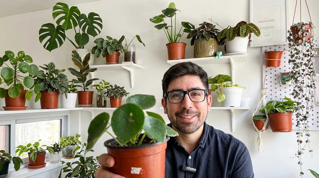 Jaime albornoz rodedado de plantas y con una peperomia polybotrya conocido como cucharita en sus manos 